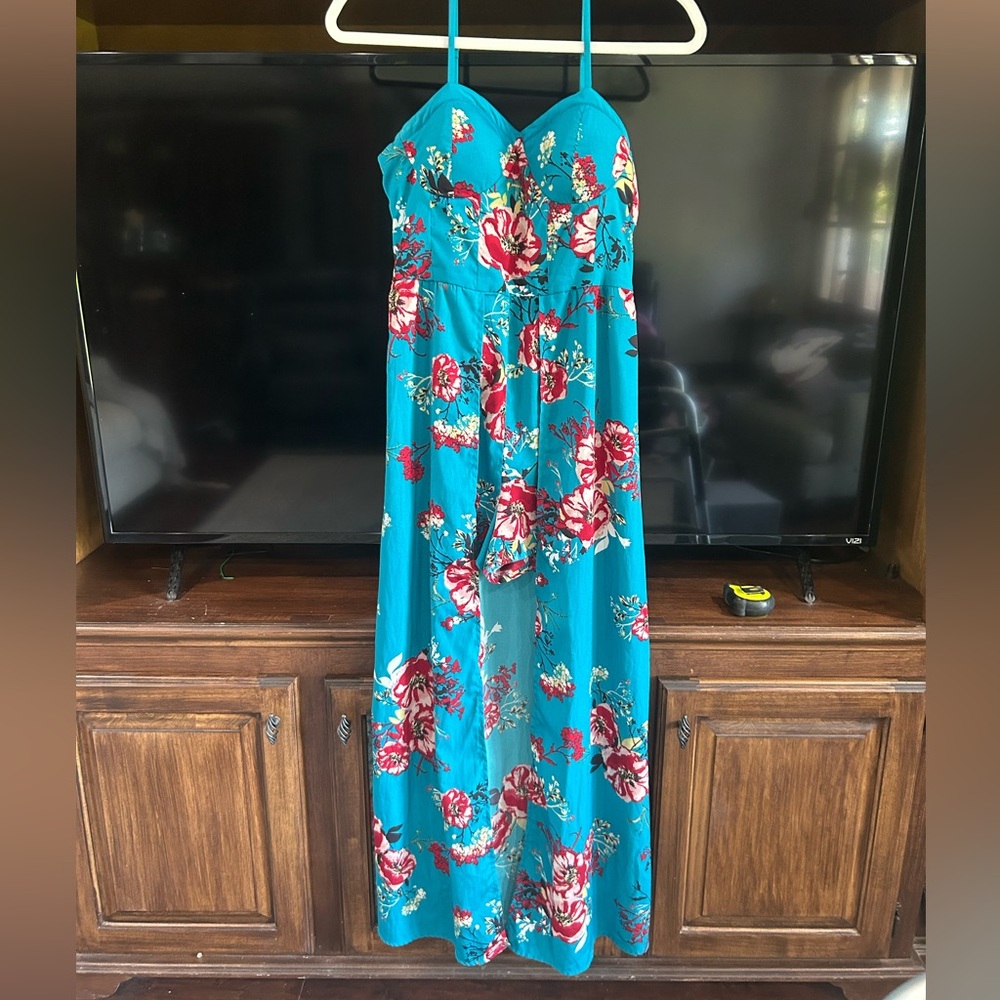 Band of Gypsies Blue Floral Open Maxi Dress With Shorts Attached Romper Size M